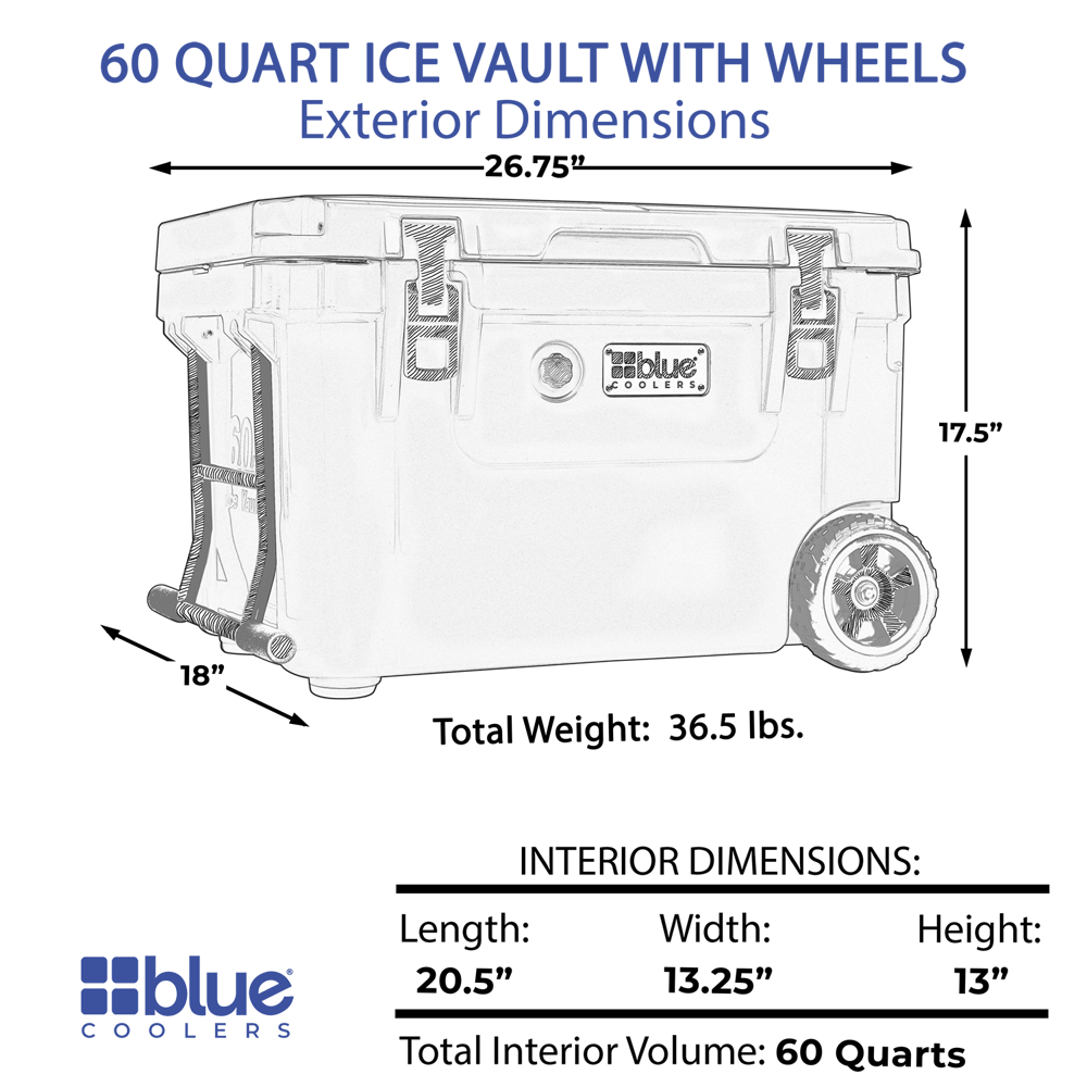 60 Quart Ice Vault RotoMolded Cooler with Wheels Blue Coolers